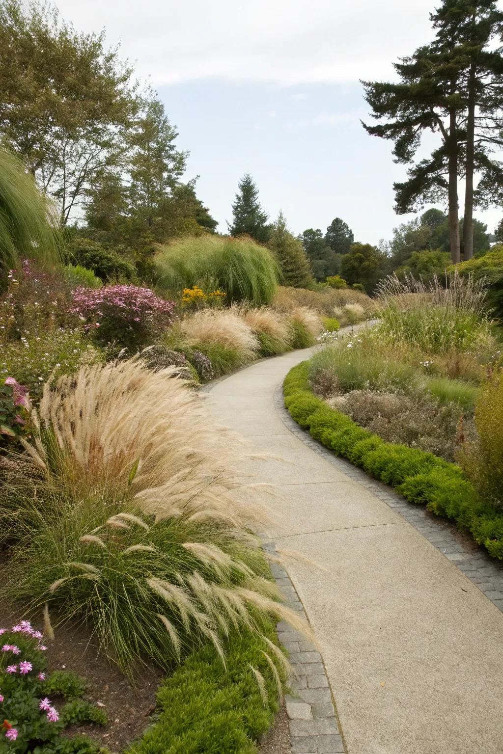 Ways lined by decorative grasses make a natural guide.