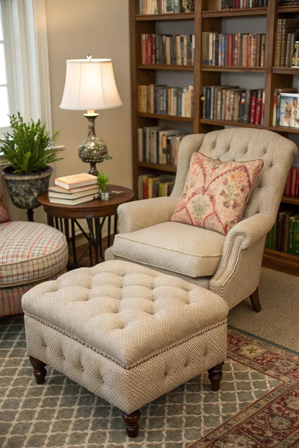 A tufted ottoman provides a deluxe touch to a relaxing reading space.