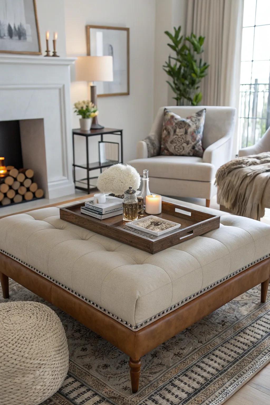 An ottoman serving as a fashionable coffee table centerpiece.