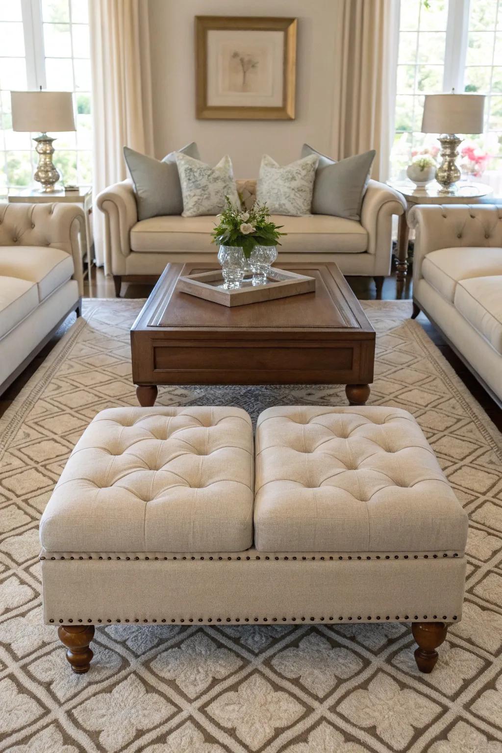 Symmetrical ottomans bringing equilibrium to the room