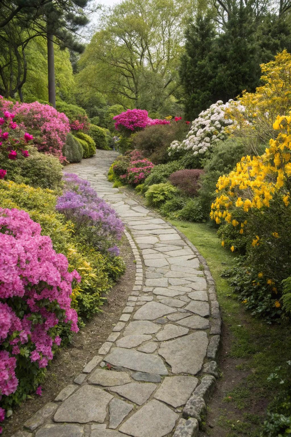 An enchanting stone path meandering through a lush garden.