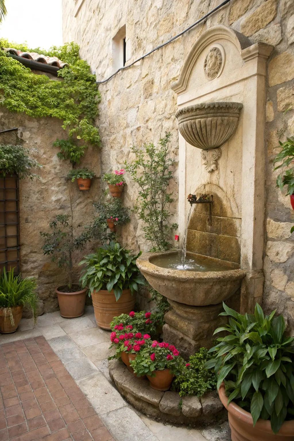 Wall-mounted fountains make it easy to incorporate water features into tight areas.
