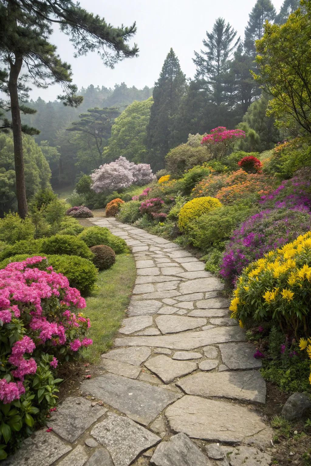 A stone-laid garden path encircled by lush vegetation and vivid blossoms.