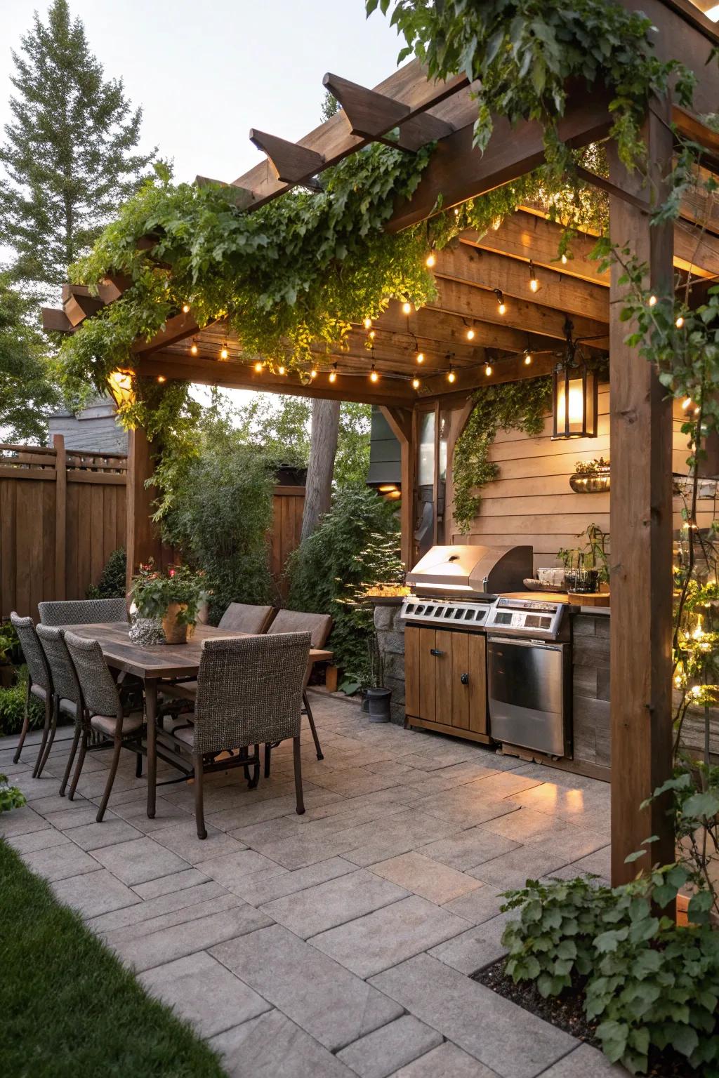 A pergola-shaded grilling spot exuding both shade and allure.