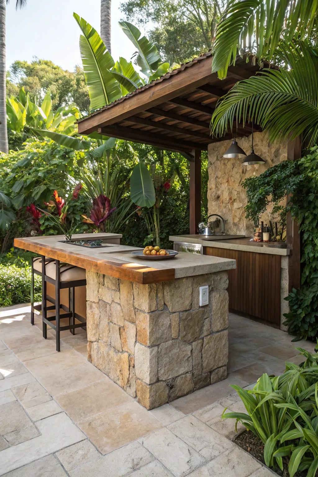 An island bar design fosters dialogue and establishes a central meeting spot.