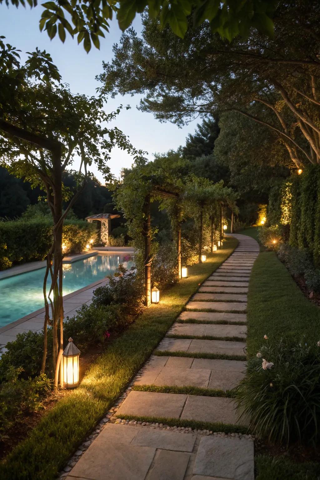 Walkway lamps lead the route to your pool while enhancing the garden's attraction.