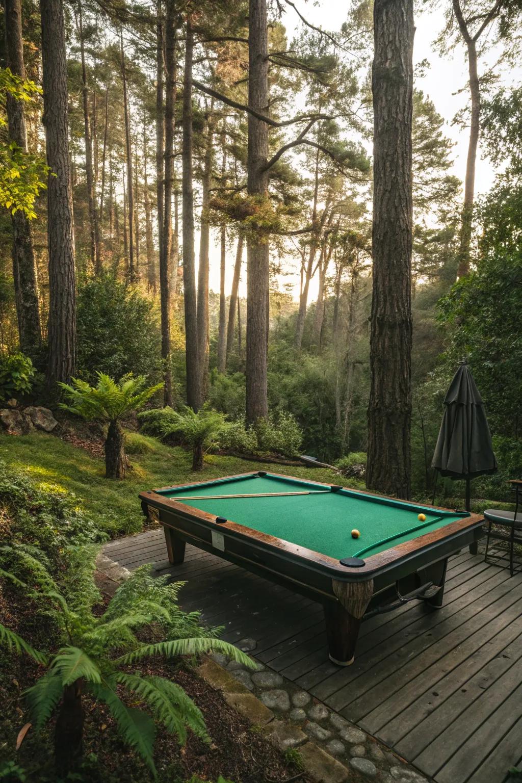 A game table nestled within a lush backyard, shaping a serene, nature-inspired setting.