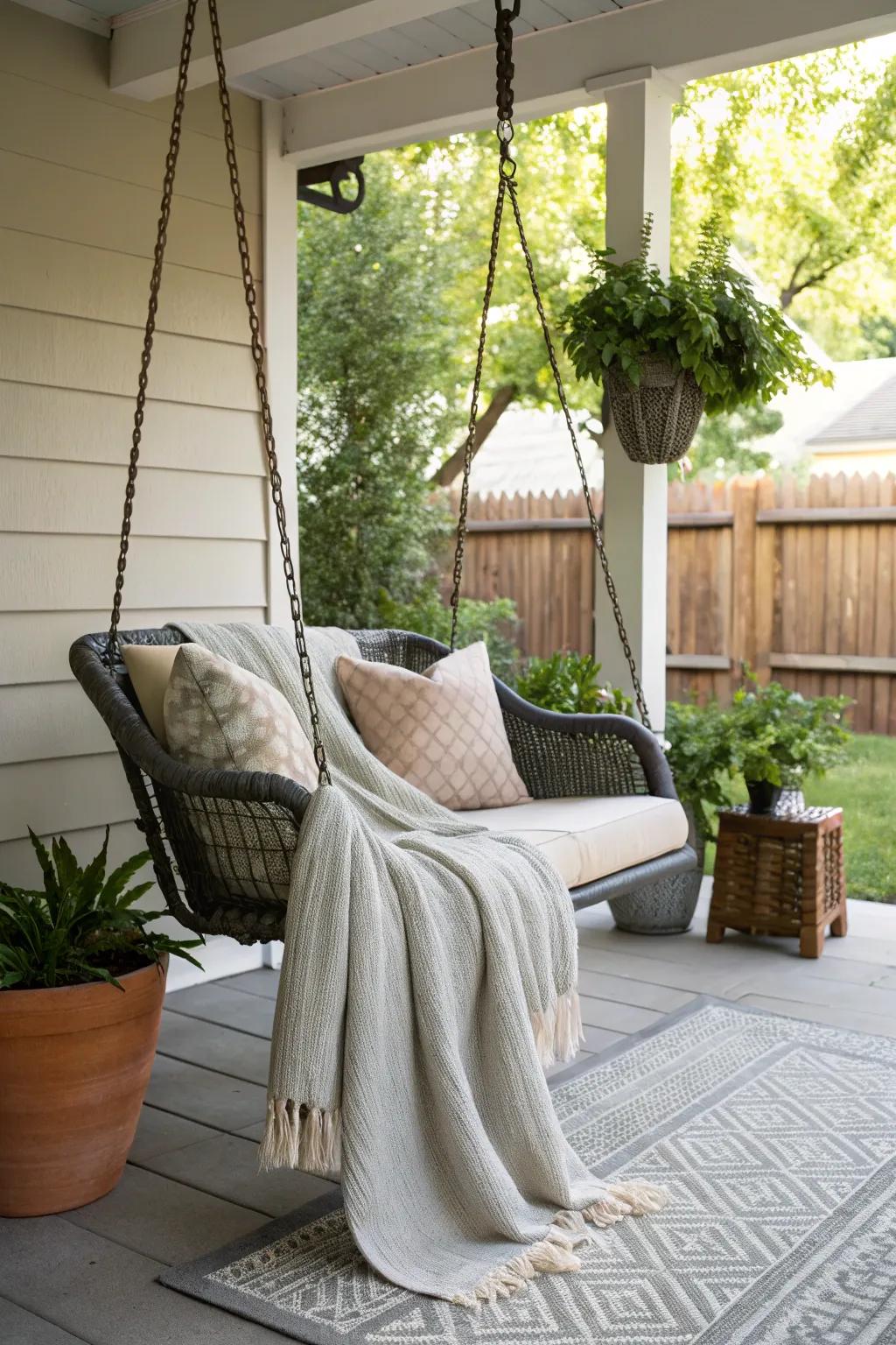 A stylish swaying seat presents a snug retreat on this delightful porch.