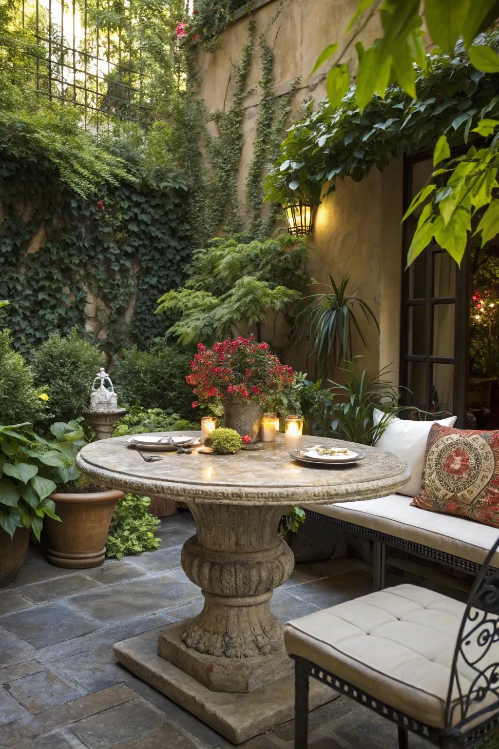 Stone table tops bring refinement and resilience to your outdoor dining space.