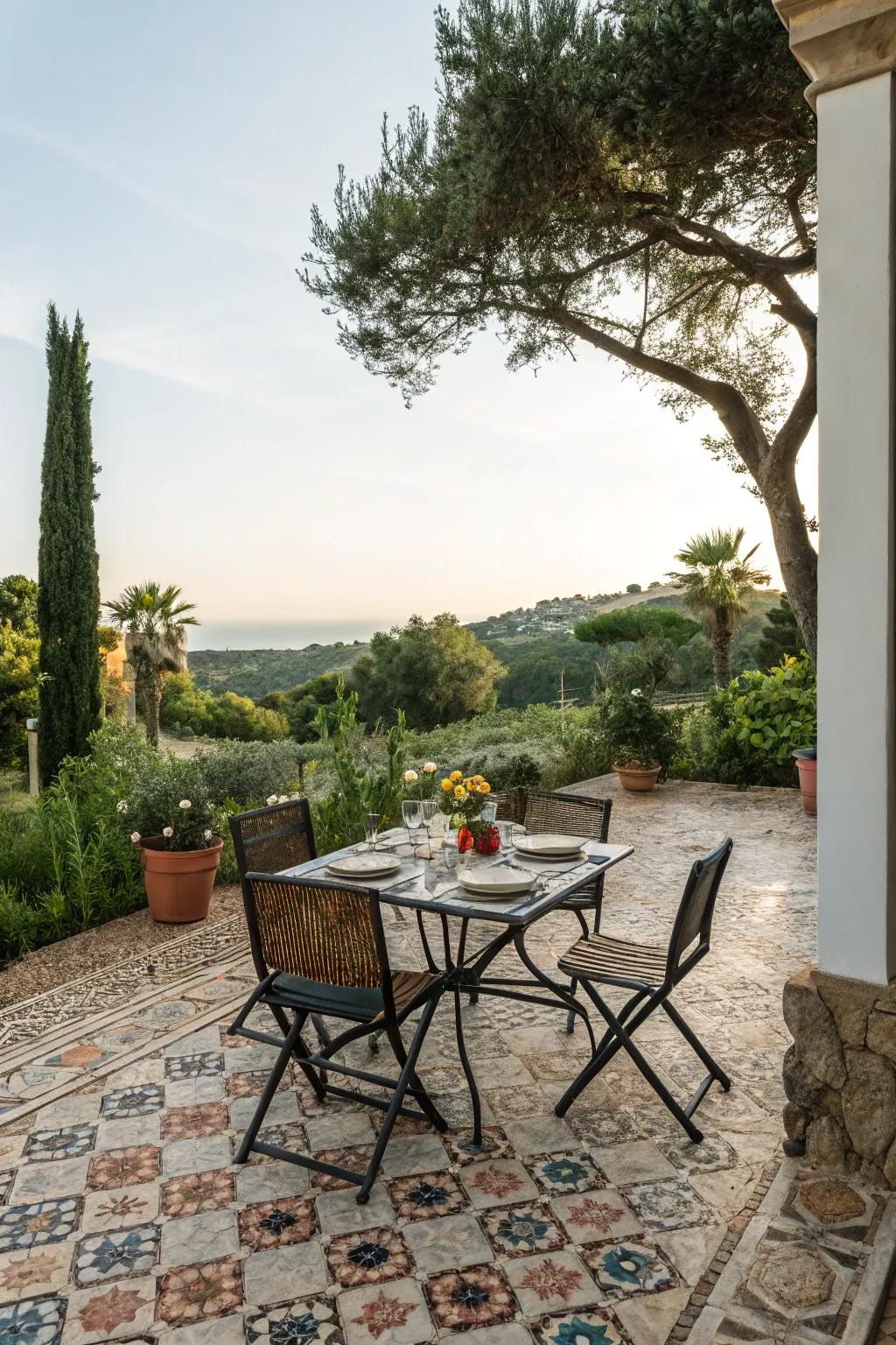 Dine stylishly with a sophisticated tiled outdoor dining area.