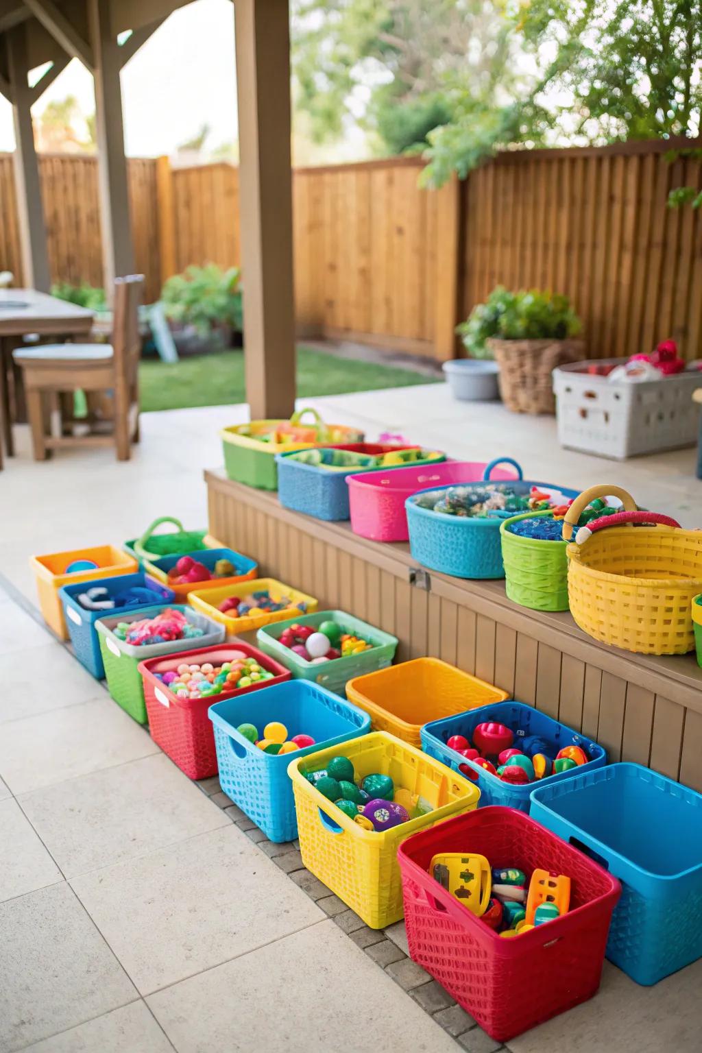 Use colorful bins and baskets to arrange toys, which will give a playful touch.