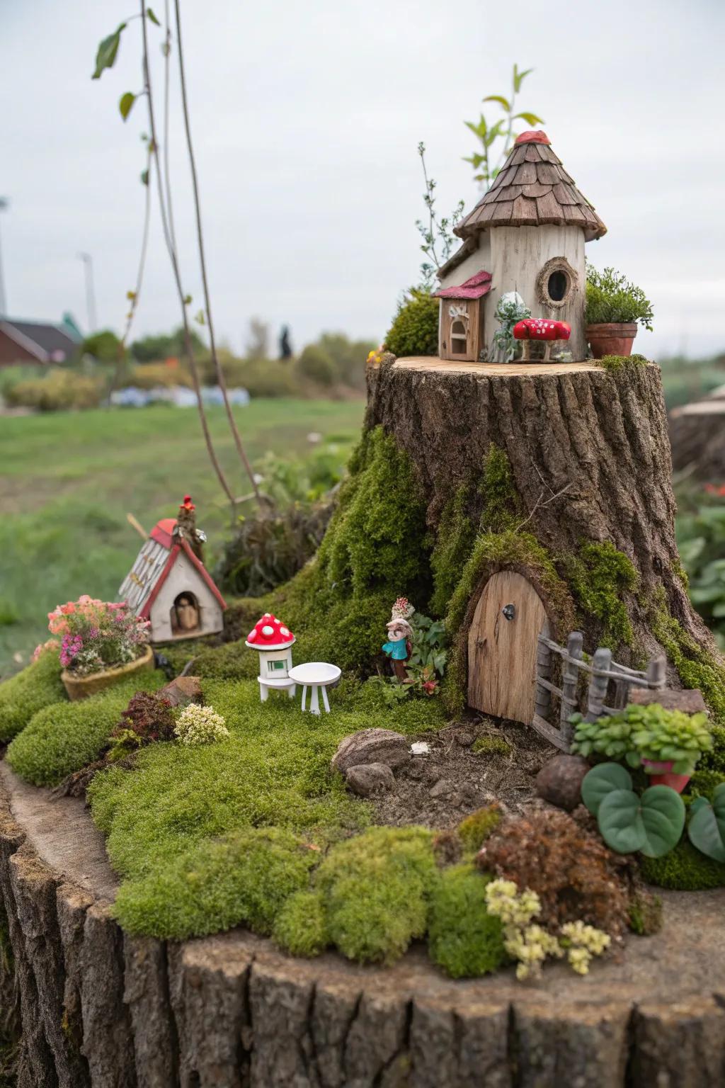 A whimsical realm transforms a tree stump into an enchanted domain.