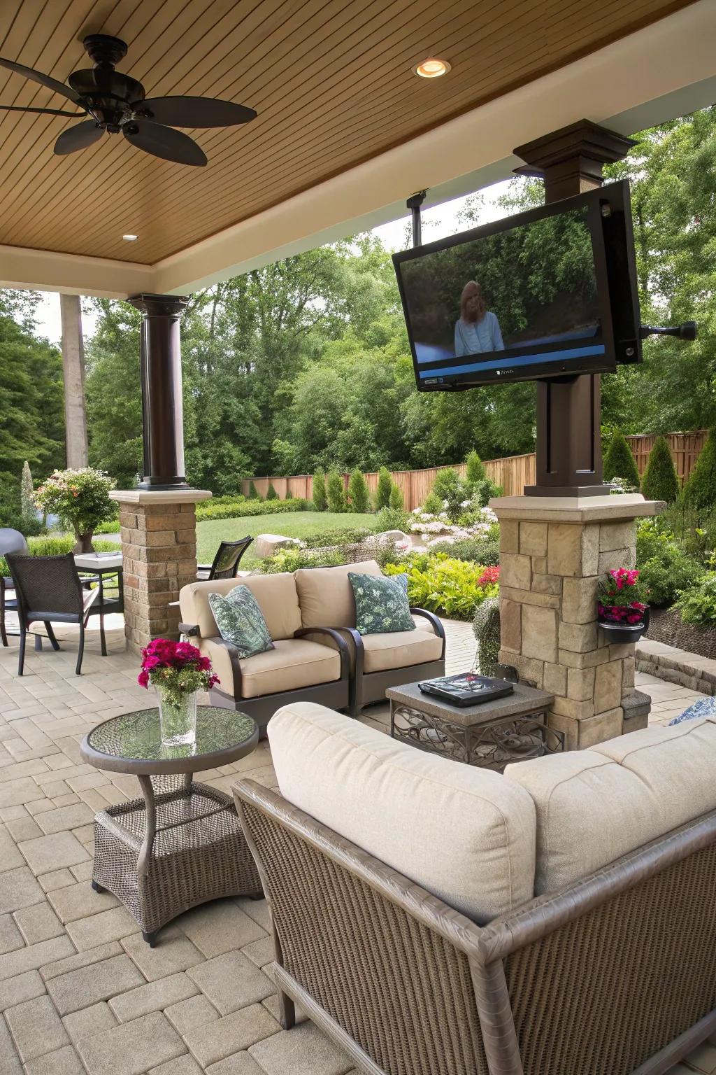 A swivel mount provides adaptable viewing angles for enjoying your outdoor TV.