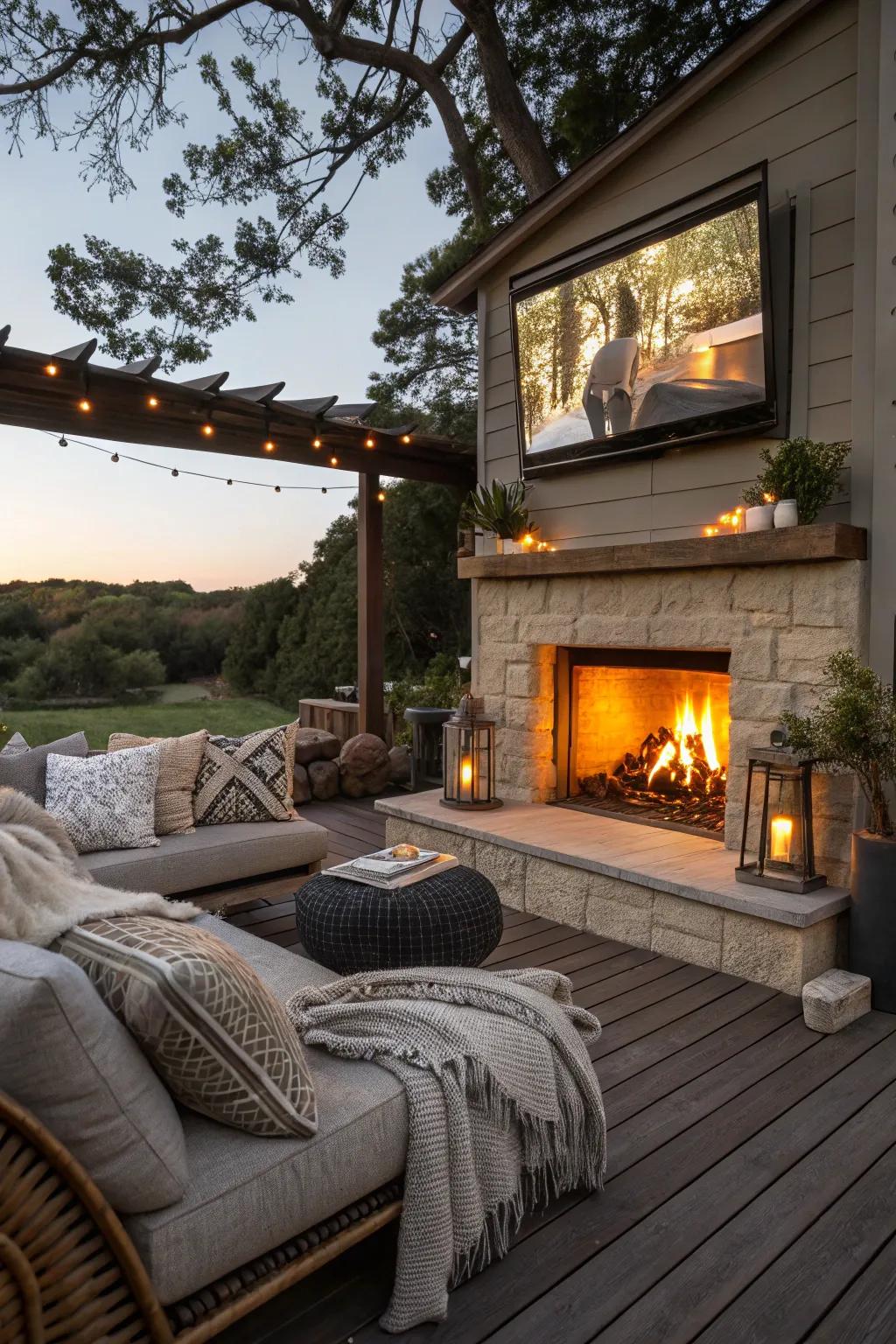 A hearth enhances warmth and becomes a central point within your outdoor television space.