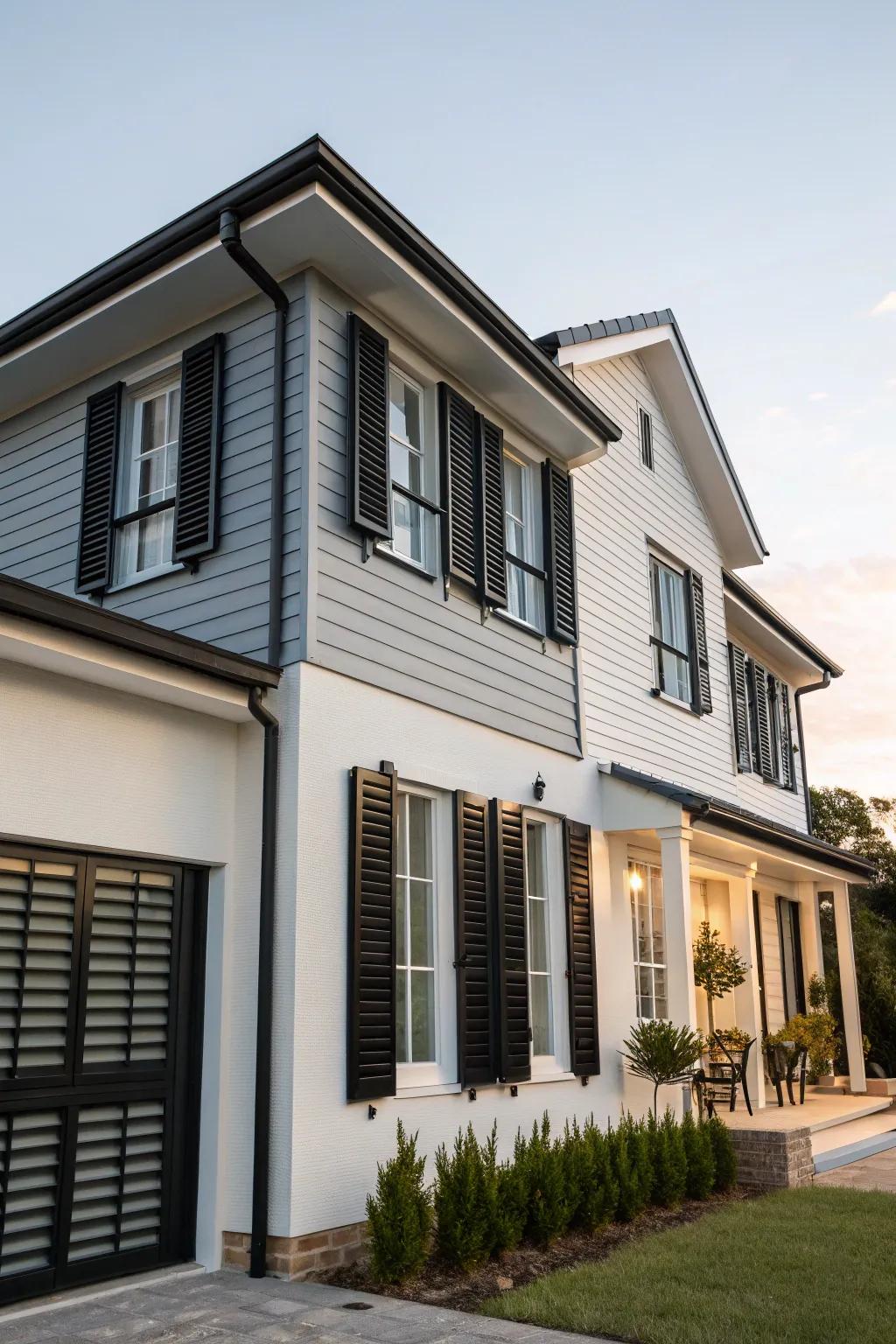 Contemporary home featuring bold black shutters against a contrasting facade.