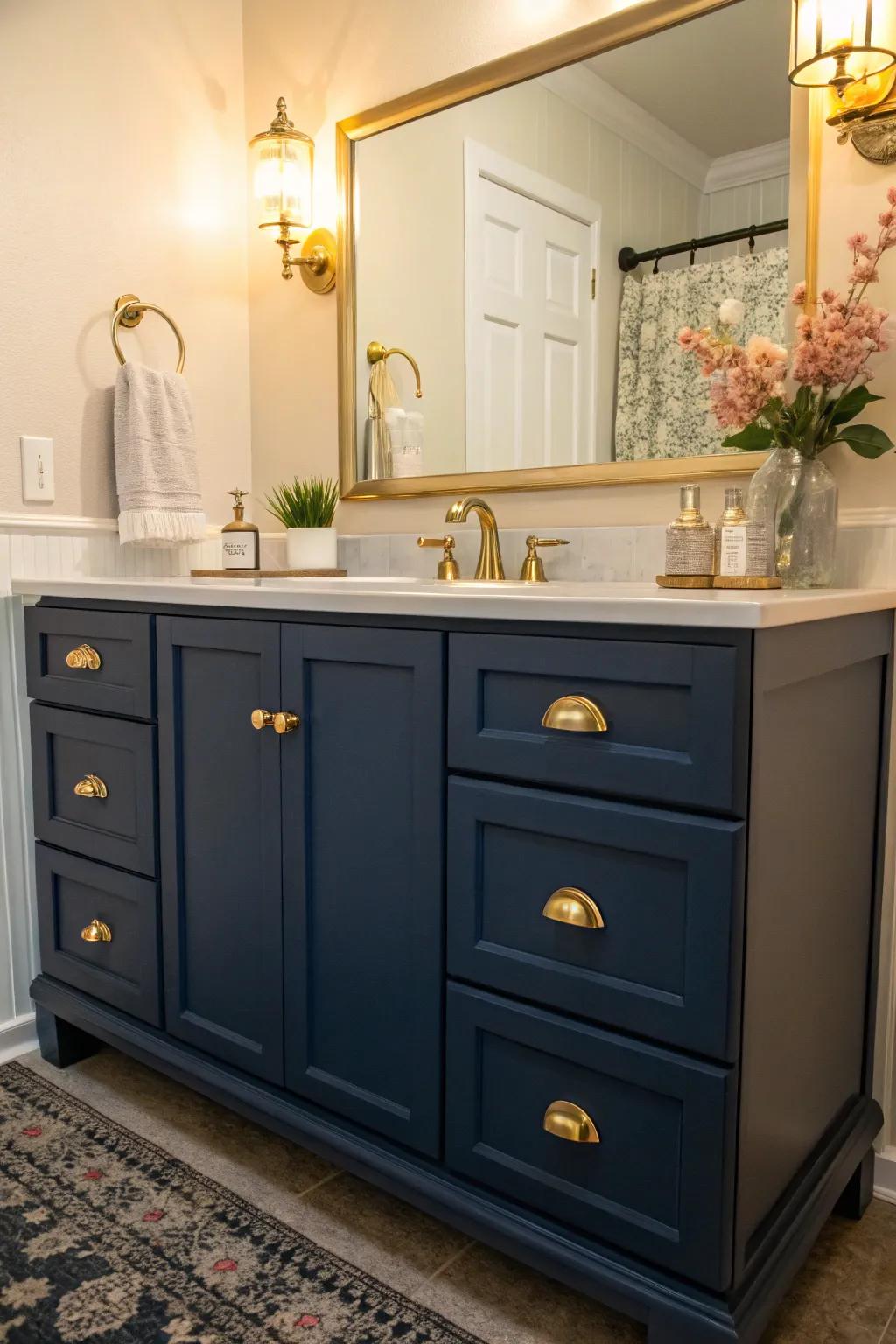 Navy blue infuses an air of refinement to any vanity setup.