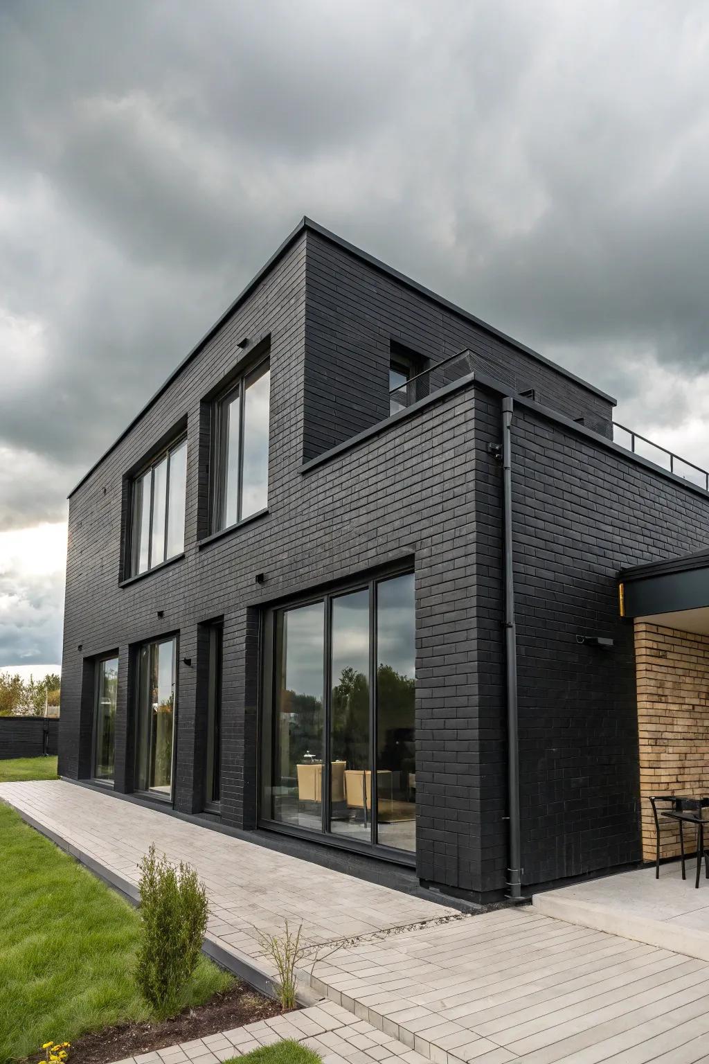 A dramatic dark facade creates a striking visual impact.