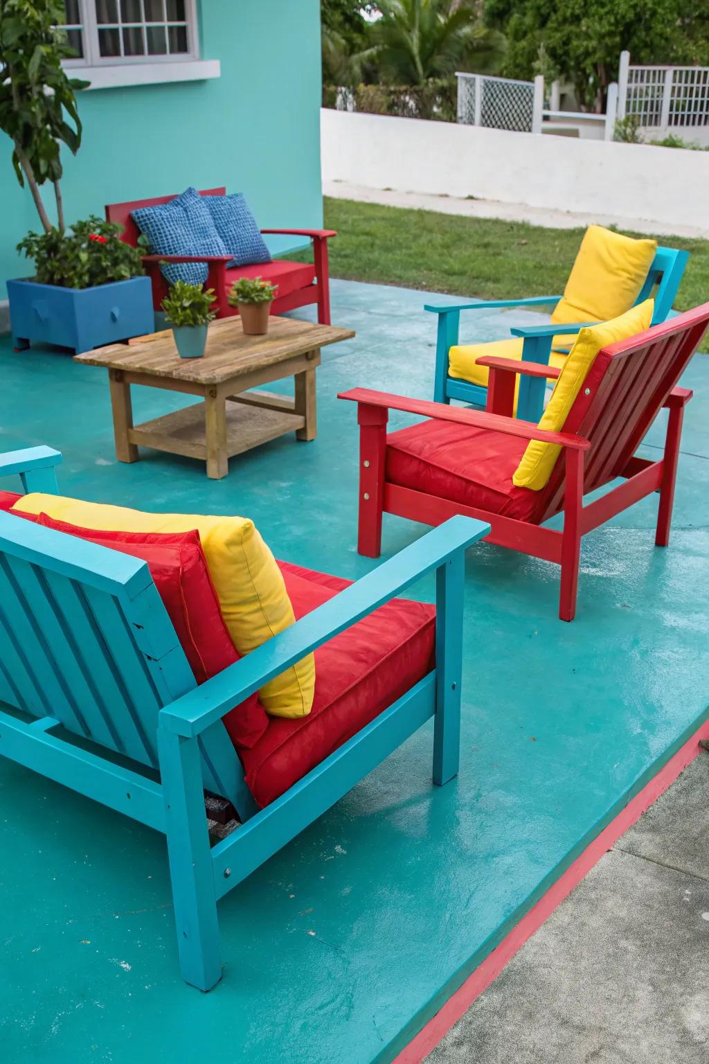 A vibrant teal patio that exudes vitality and flair.