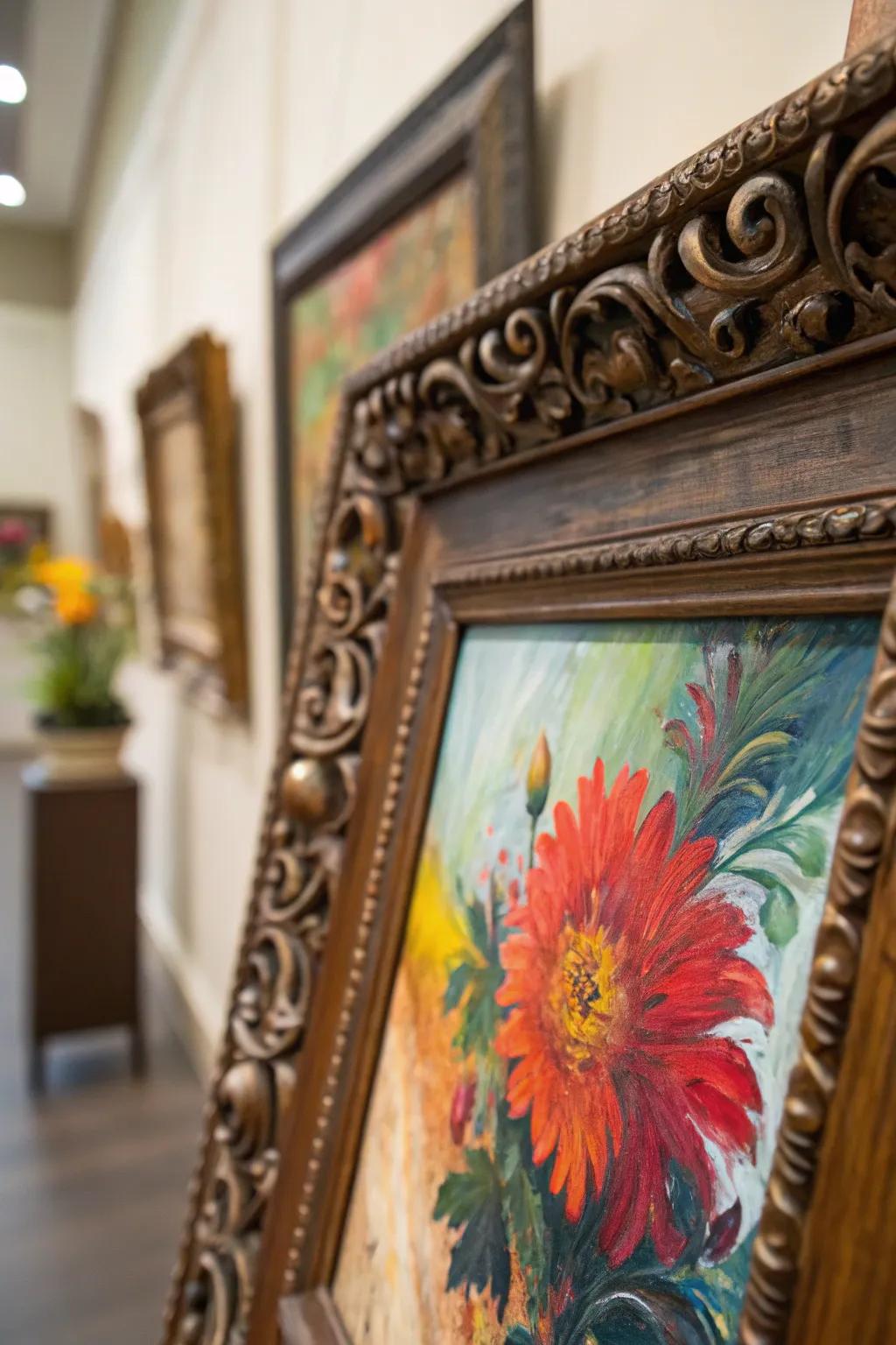 A decorative frame enhancing a vibrant painting.