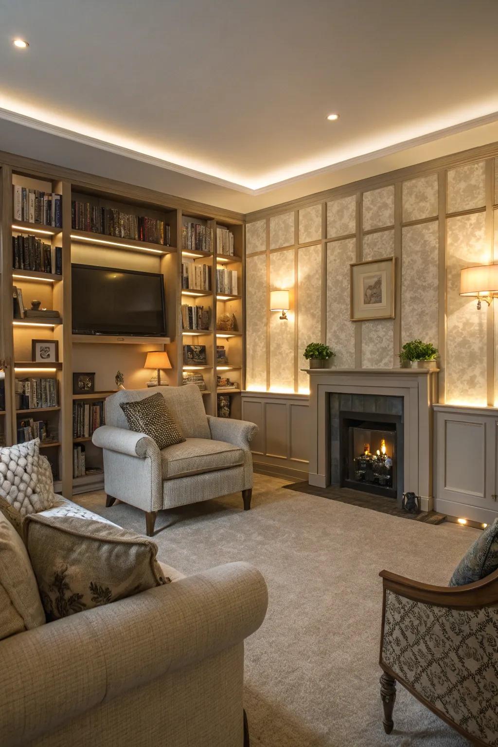 Lounge showcasing integrated lighting within panel designs.