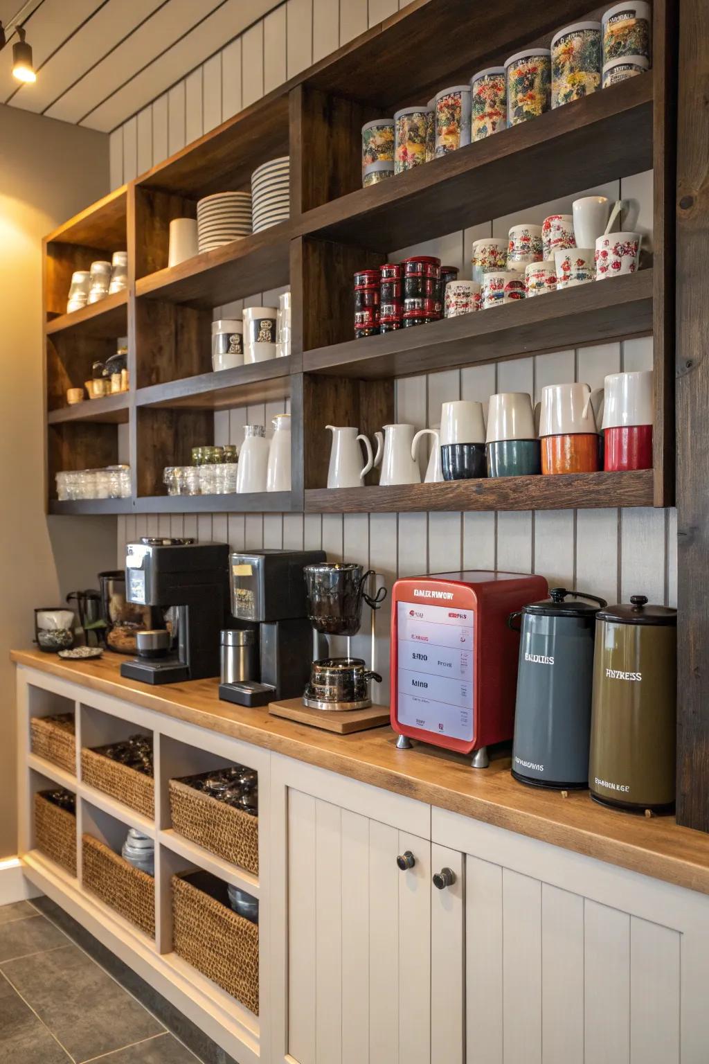 Vertical shelves revolutionize a pantry into an orderly coffee sanctuary.