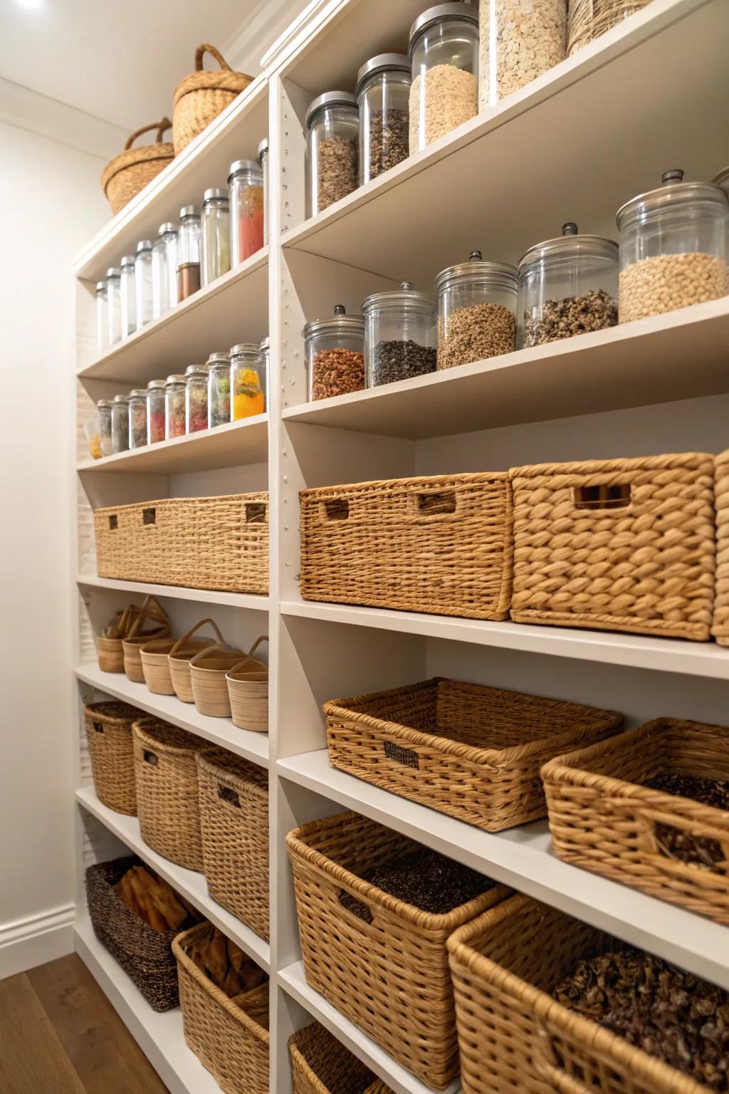 Twig baskets arranged on pantry racks offer both storage and visual allure.