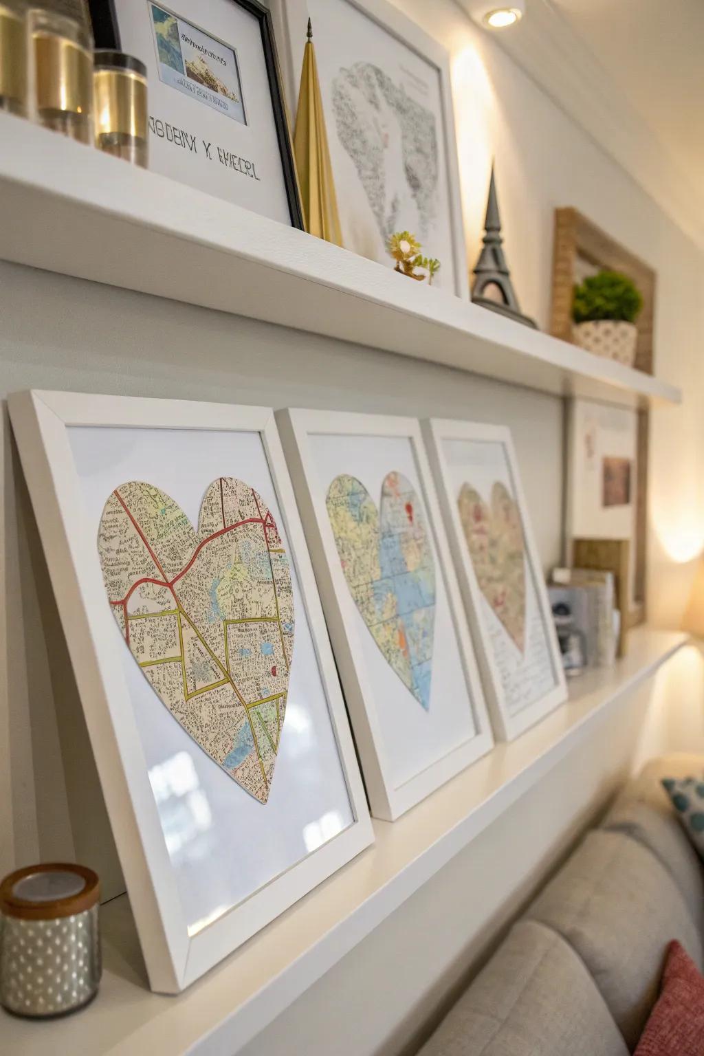 Map art highlighting significant places in your relationship.