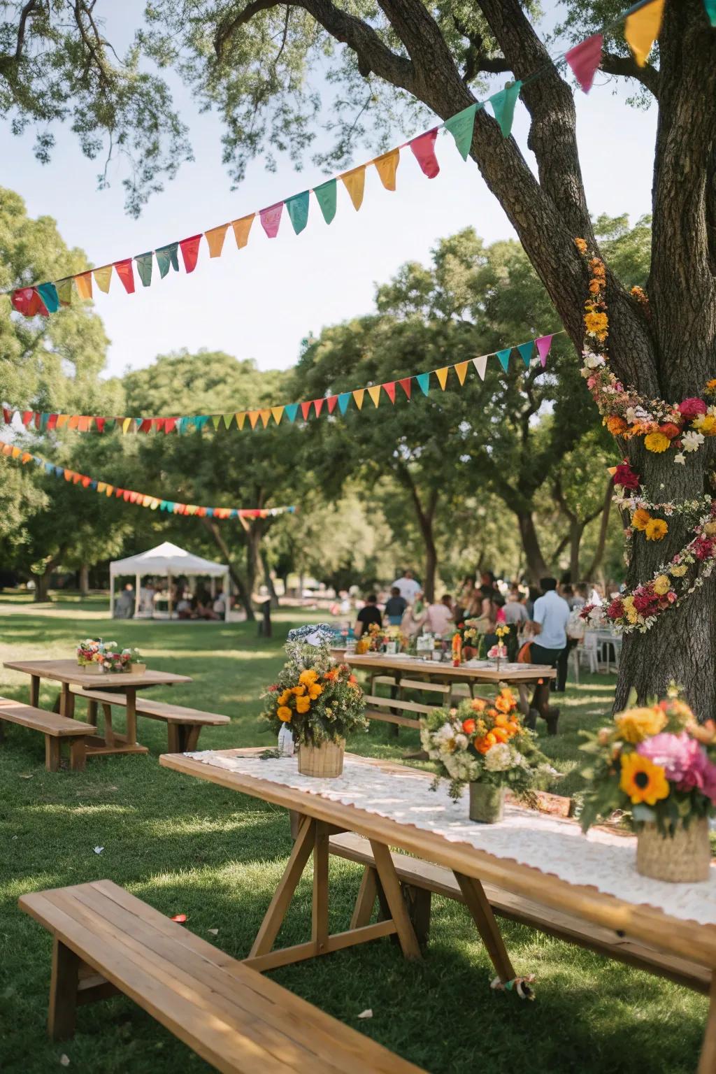 Floral wreaths and timber centerpieces highlight nature's splendor.