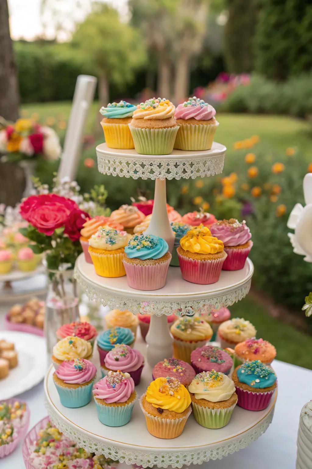 A vibrant cupcake tower stands magnificently as a focal point for the party.