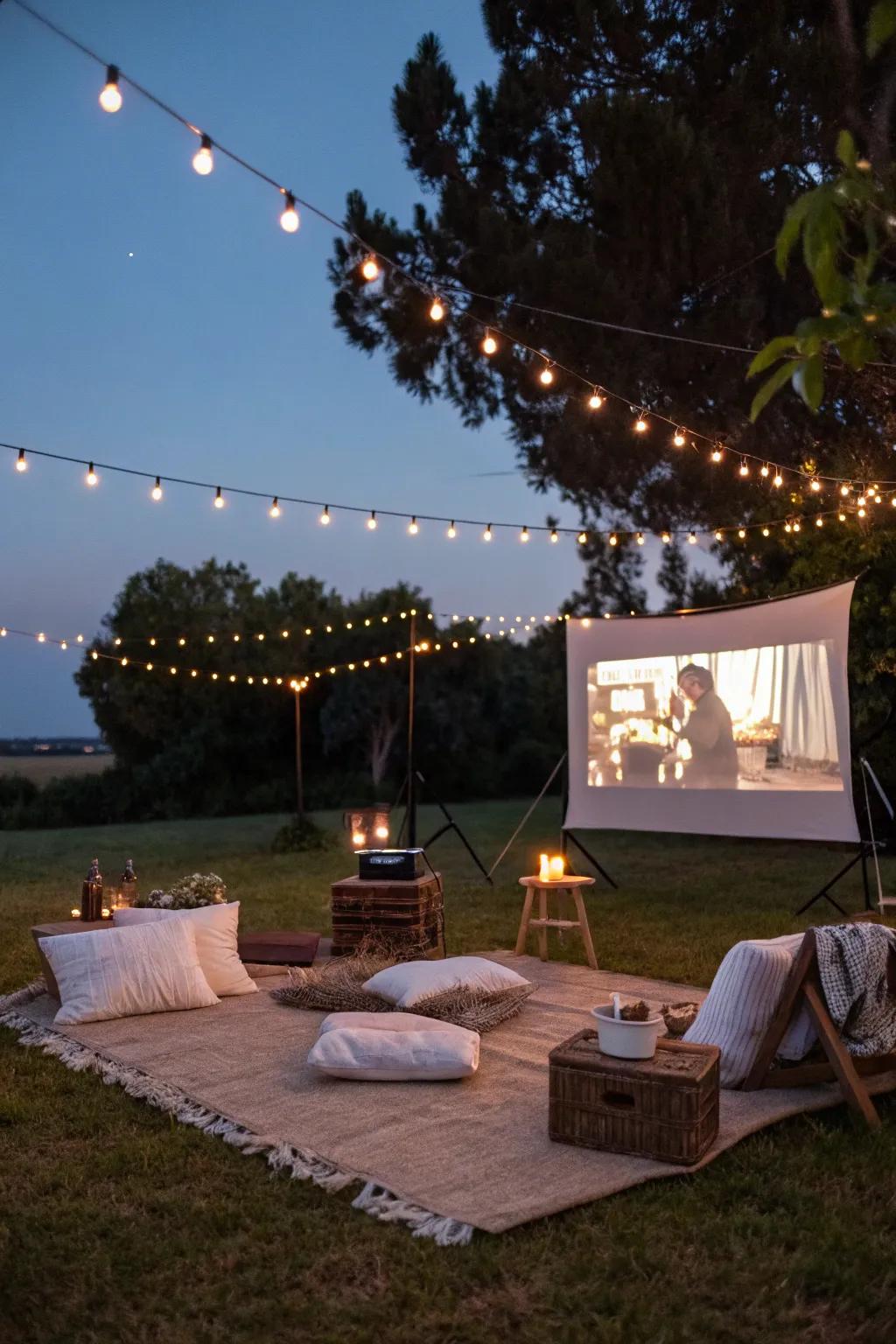 A comfy open-air cinema setup glowing with string lights and cozy seating.