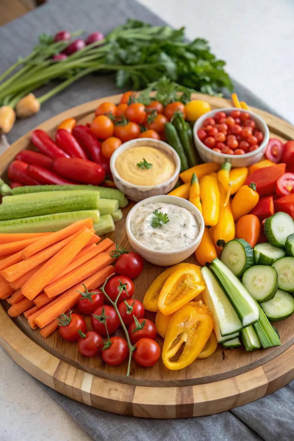 A lively assortment of garden-fresh vegetables with tempting dips.