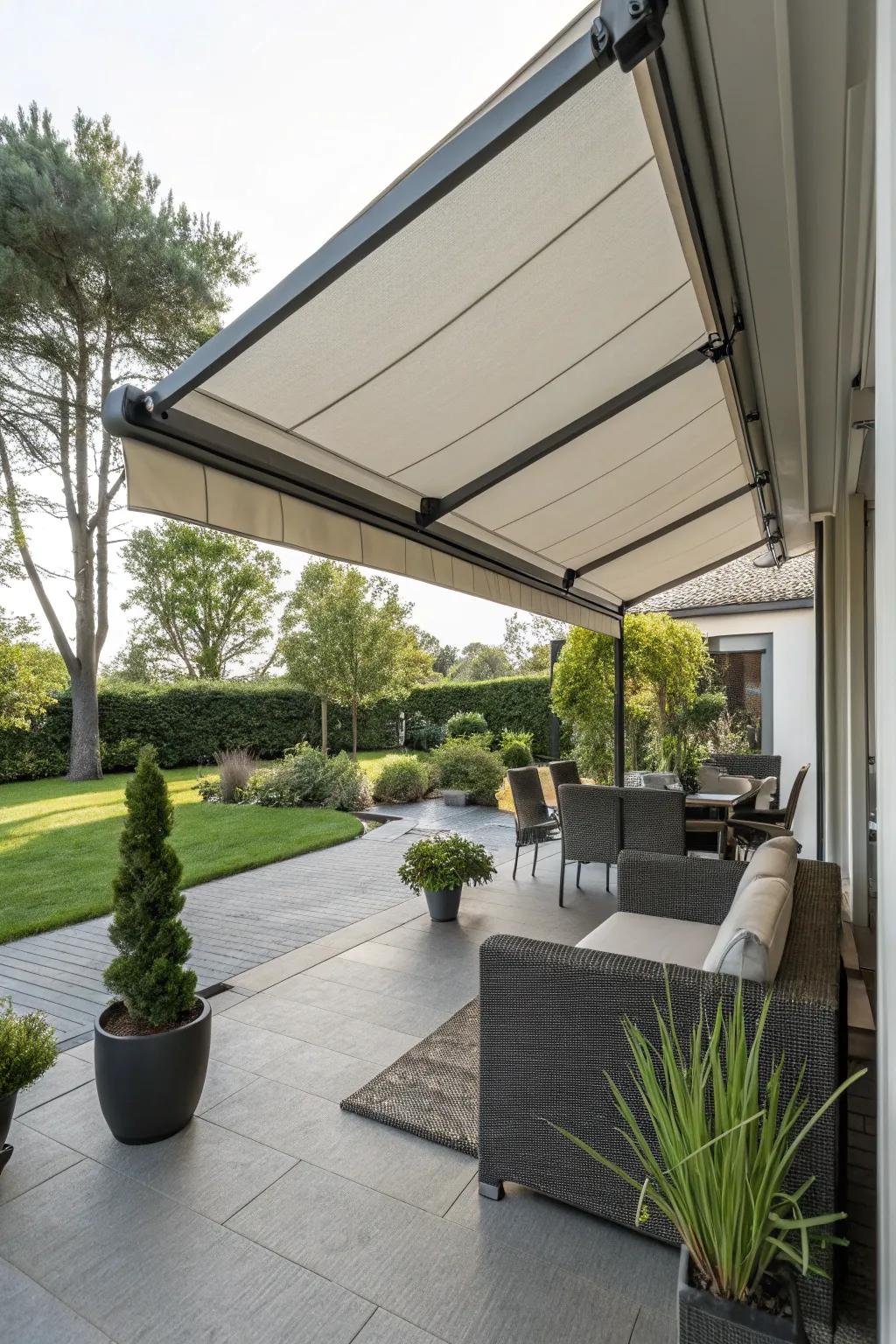 Retractable awnings offer shade as required, ideal for fluctuating conditions.