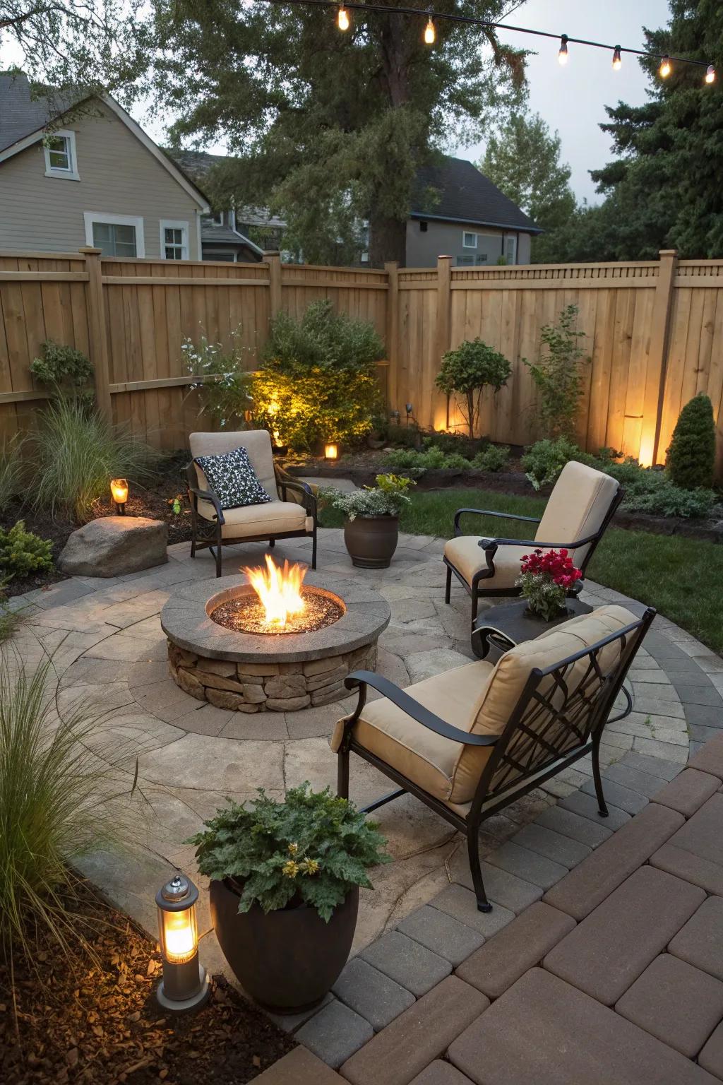 A small patio with a fire pit creates a comfortable place to gather.