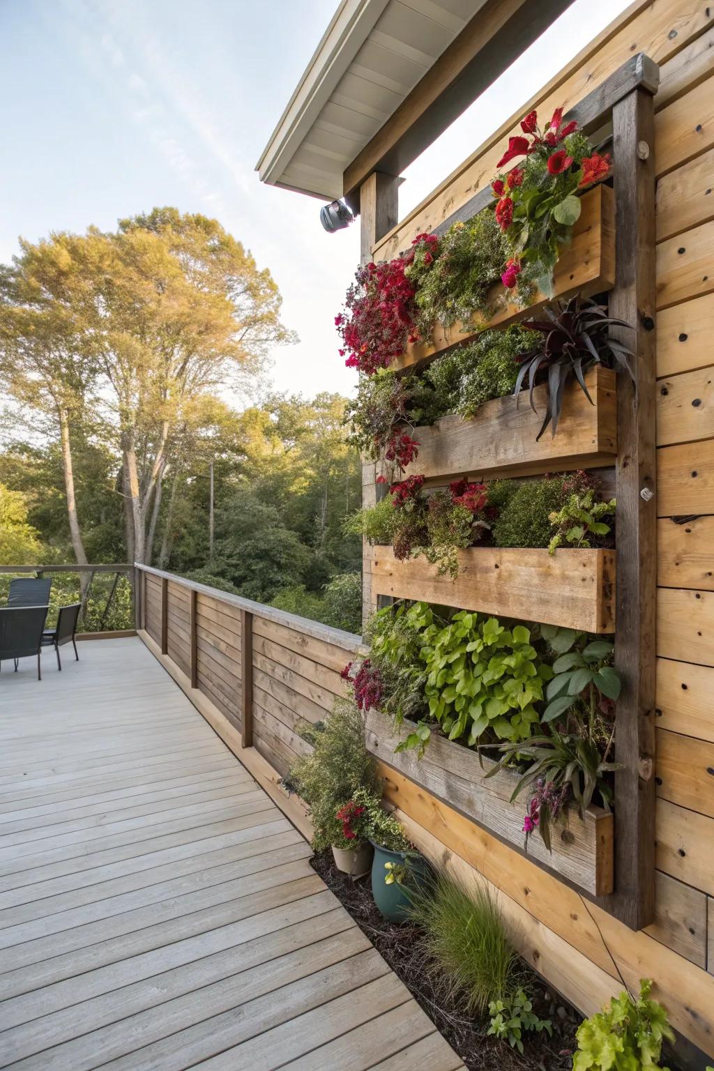 A lively upright garden on a timber wall.