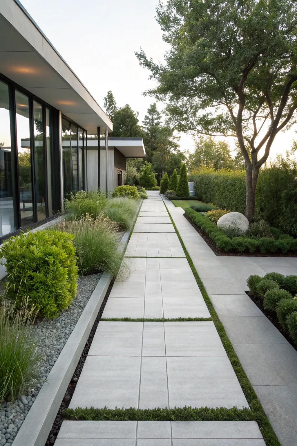 A minimalist garden featuring a chic concrete paver walkway.