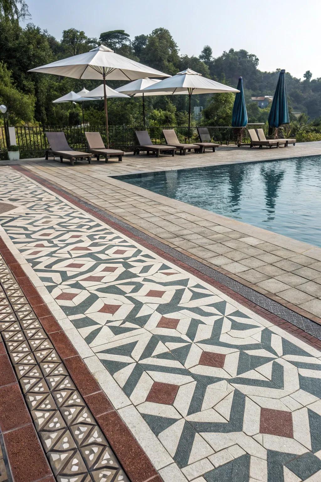Geometric pattern pavers add a modern artistic flair to this pool deck.