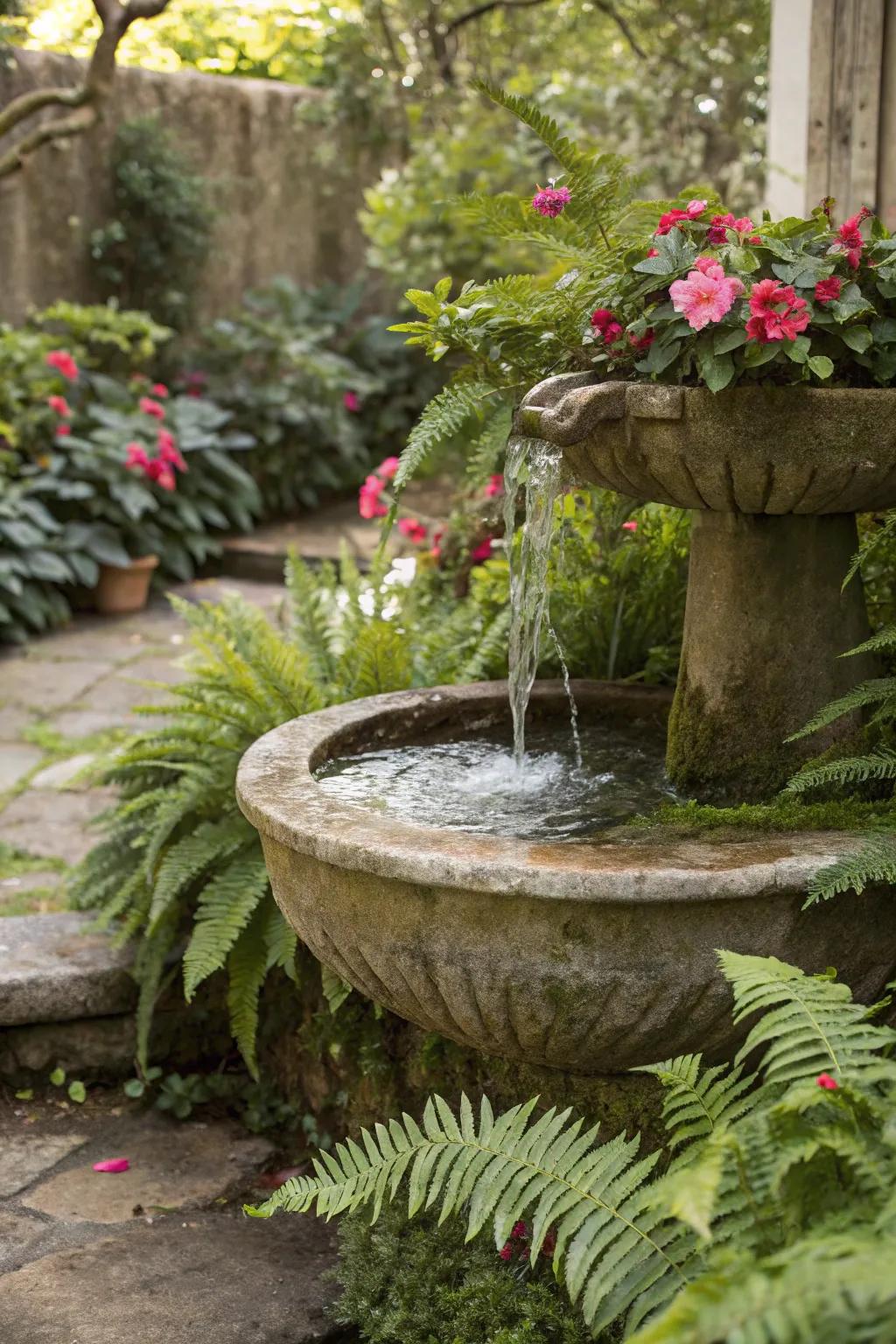 A tranquil water feature offers calming sounds in the garden.