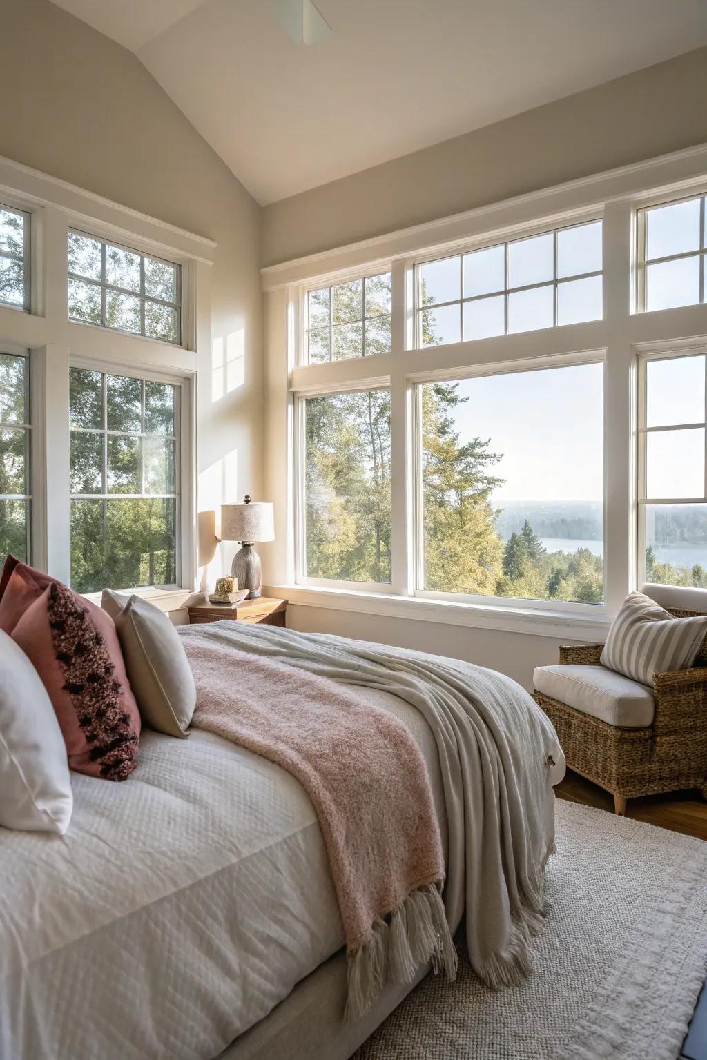 A bedroom highlighting wide windows that enable natural light to brighten the area.