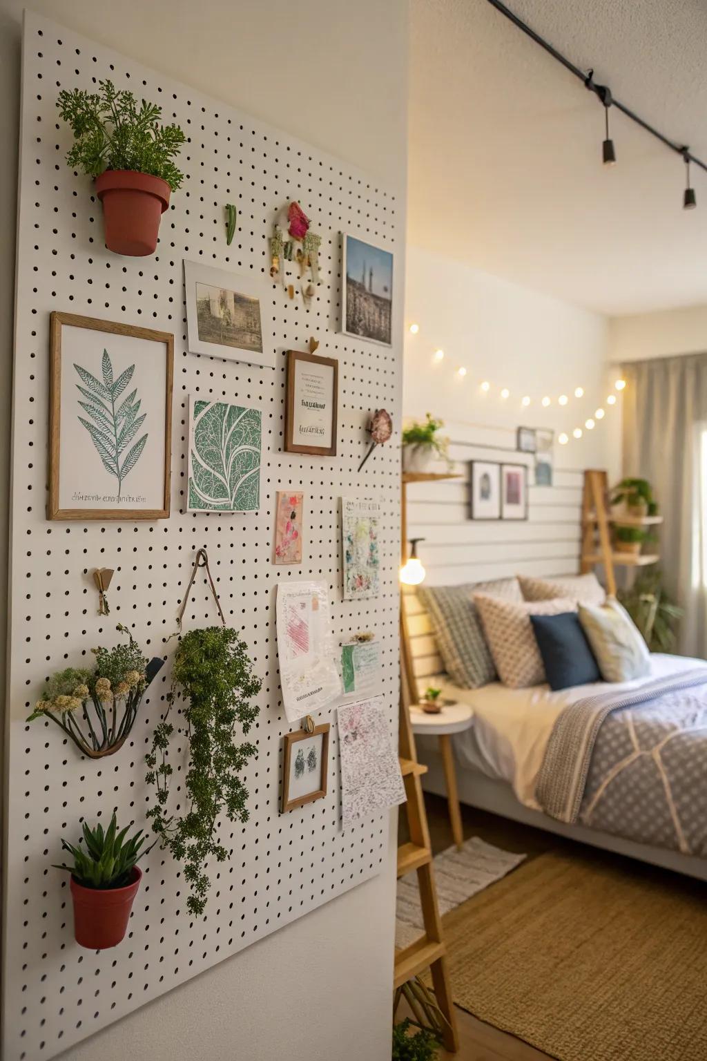 A comprehensive pegboard wall enables endless personalization.