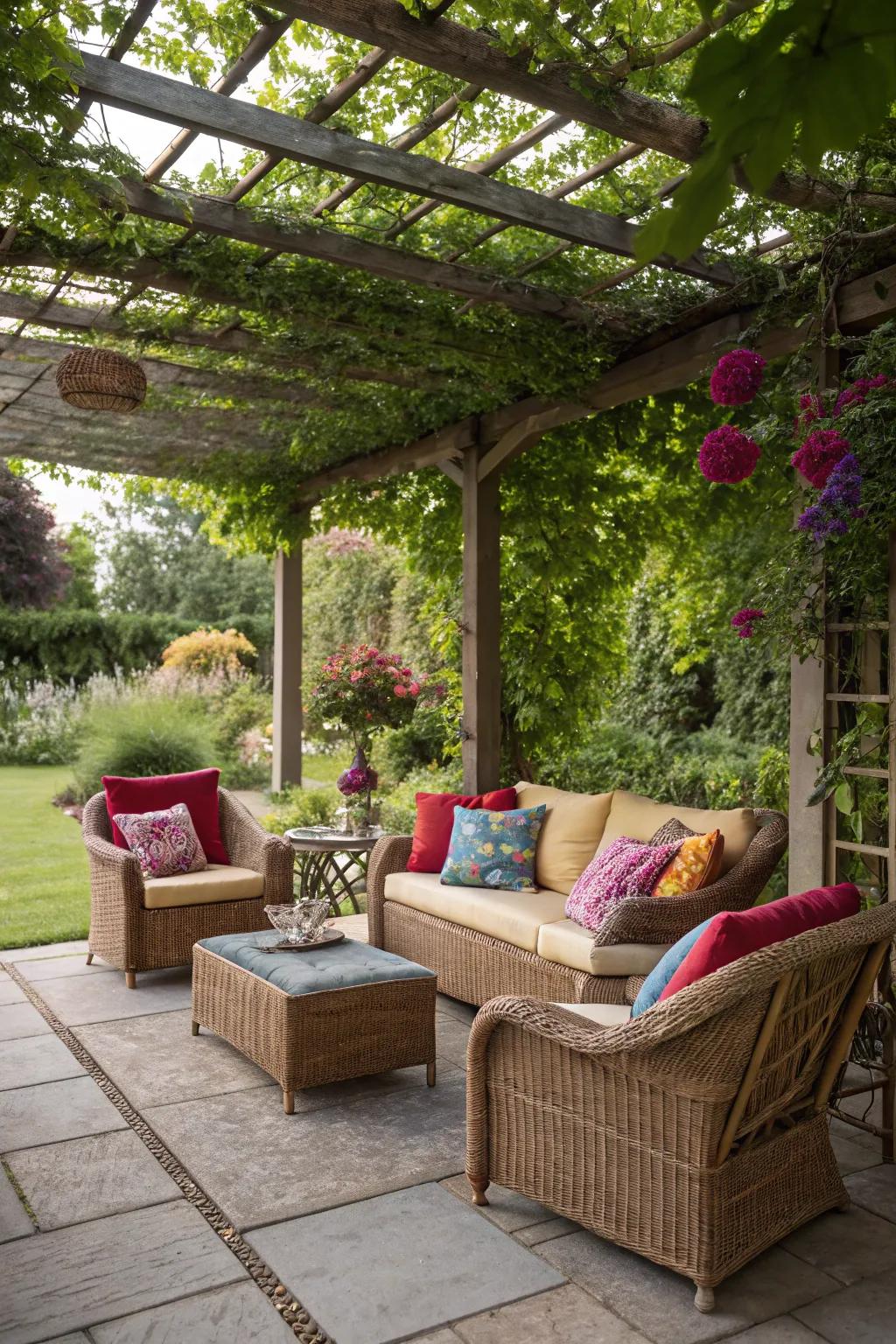 Comfy seating turns your pergola into a welcoming lounge.