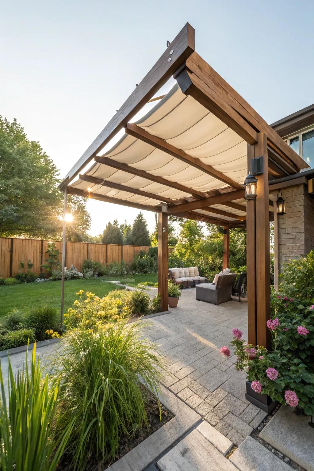 A structure with an adjustable overhead gives flexible shade in a sunny backyard.