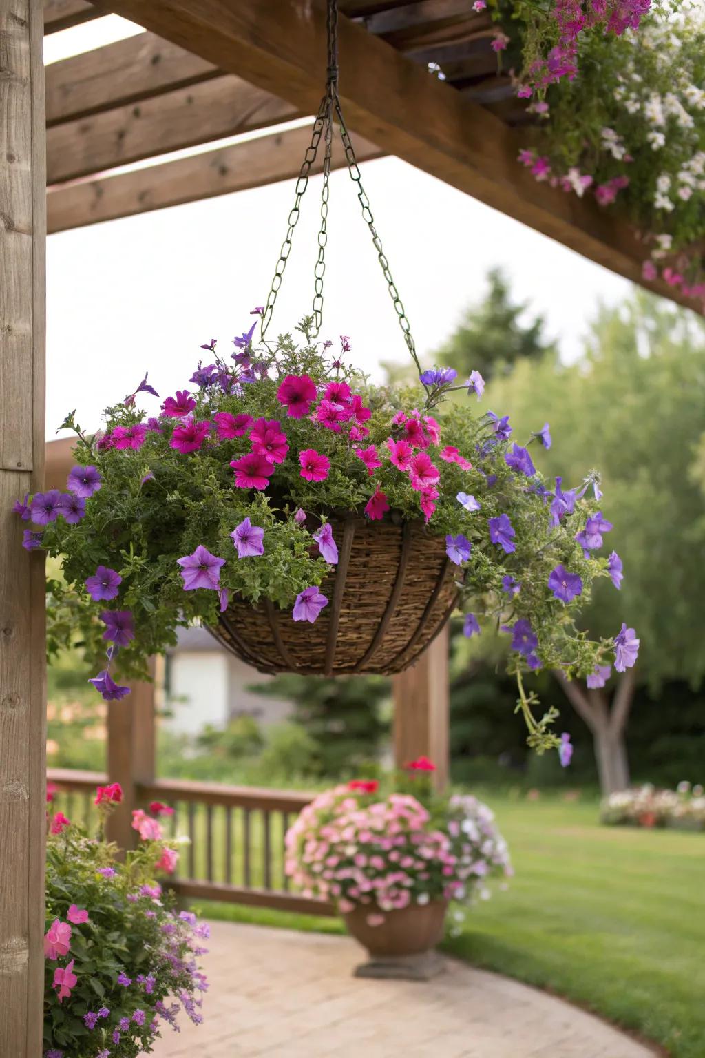 Lobelia and petunias cascade over edges, delivering a lively vertical masterpiece.