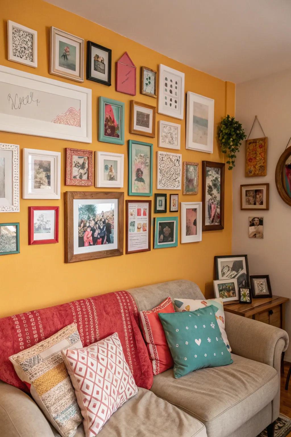 A diverse mix of frames enhancing character and appeal to this inviting family area.