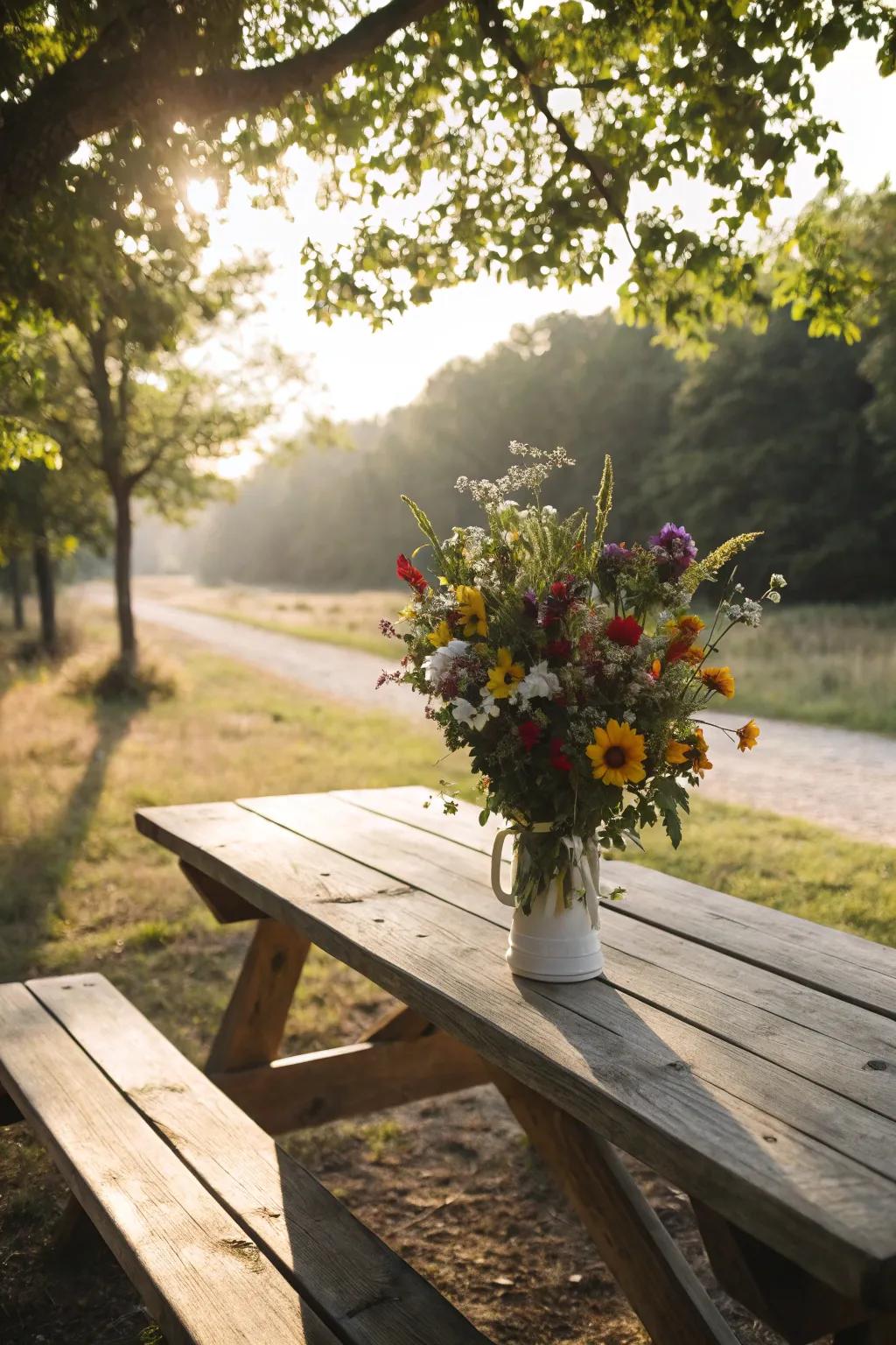 Meadow flowers in a country style holder create an enchanting focal point for this picnic table.