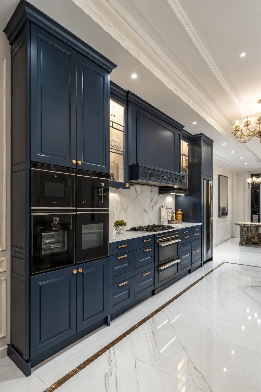 Azure cabinets inject a dramatic twist to refined dark appliances.