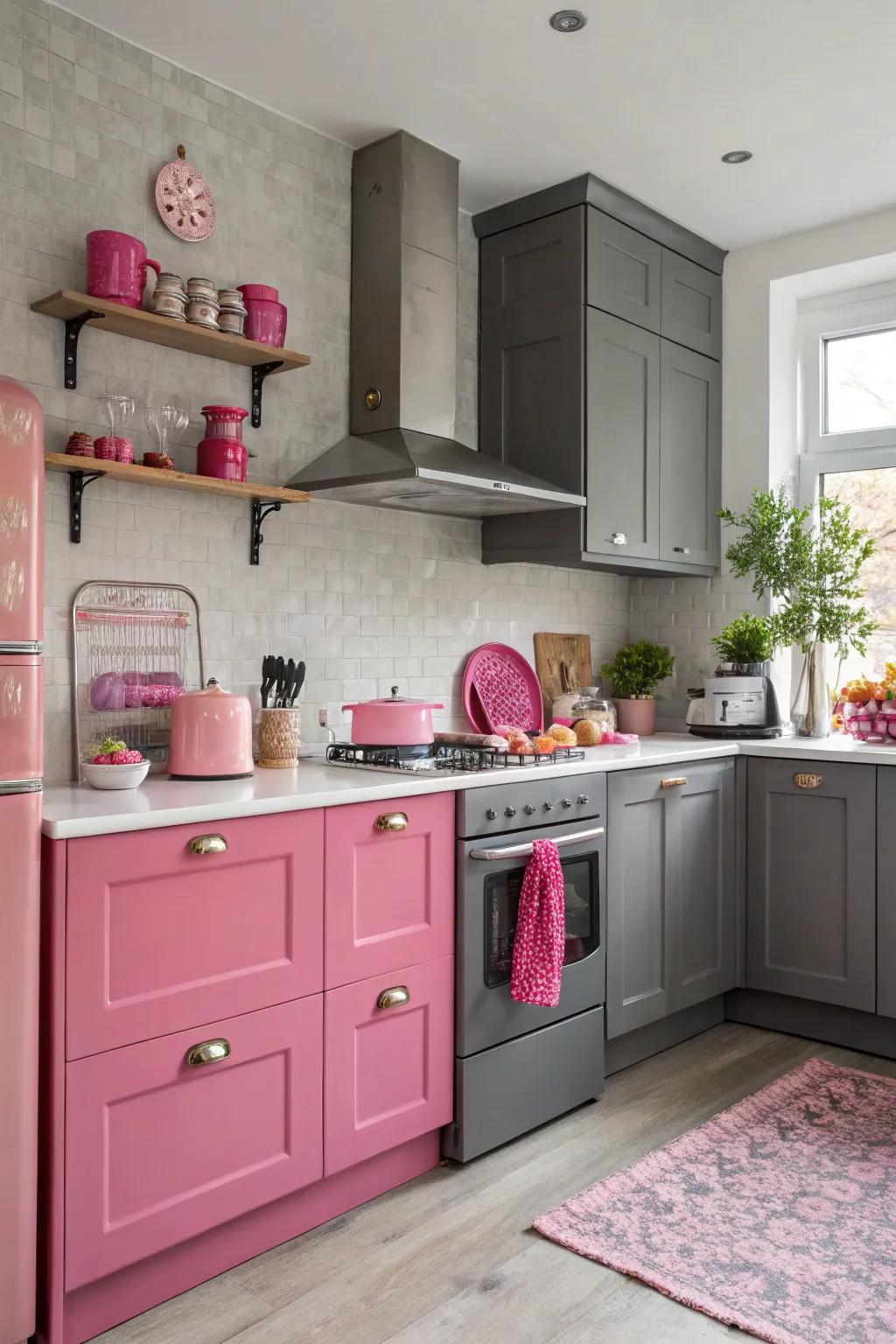 Impressive striking rose highlights set within a grey cooking space.