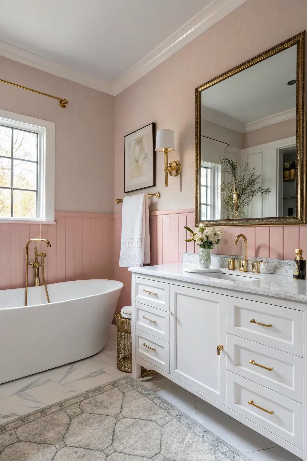 Blush rose walls evoke a peaceful mood.