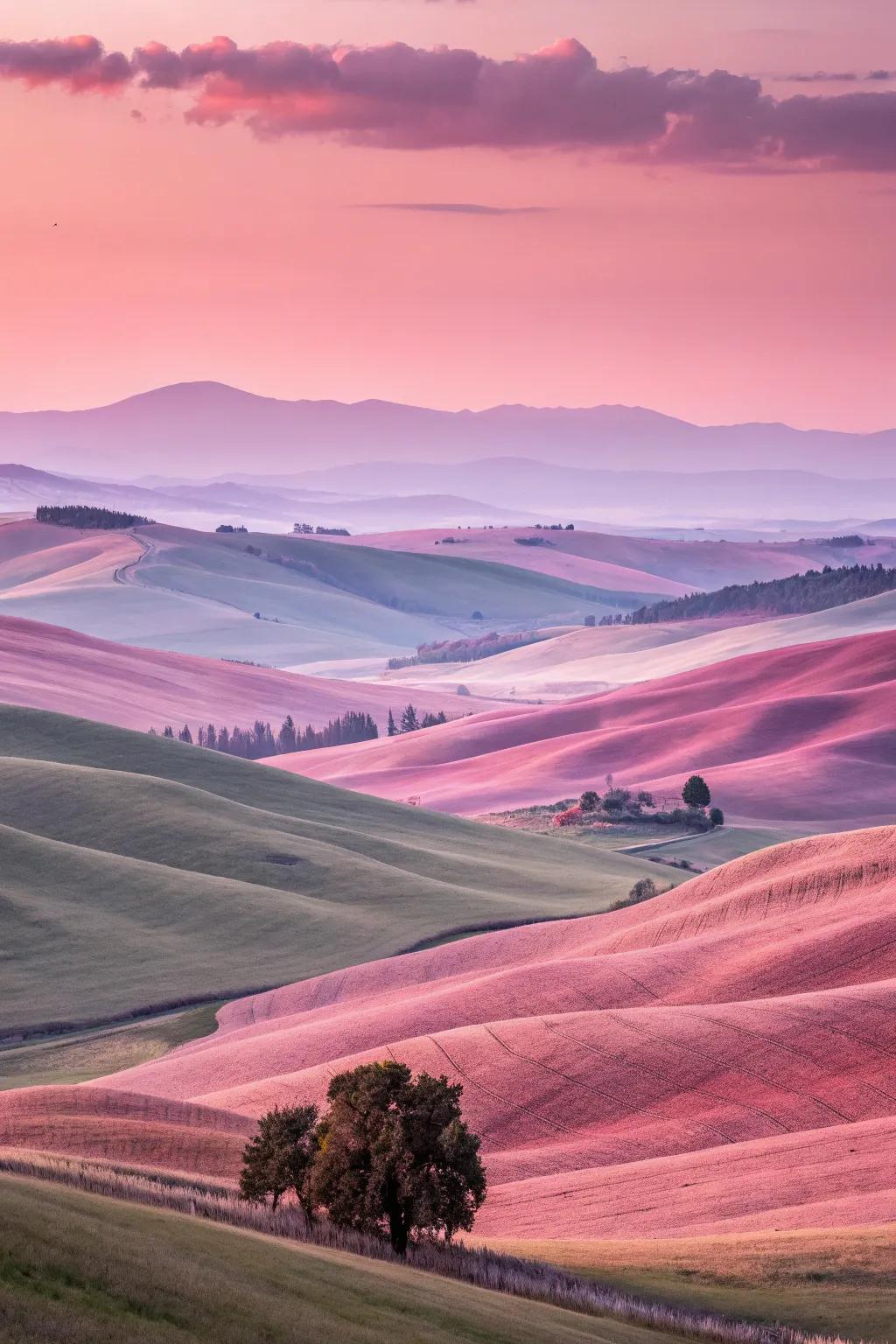 Fanciful scenery artwork displaying crimson-toned hills.