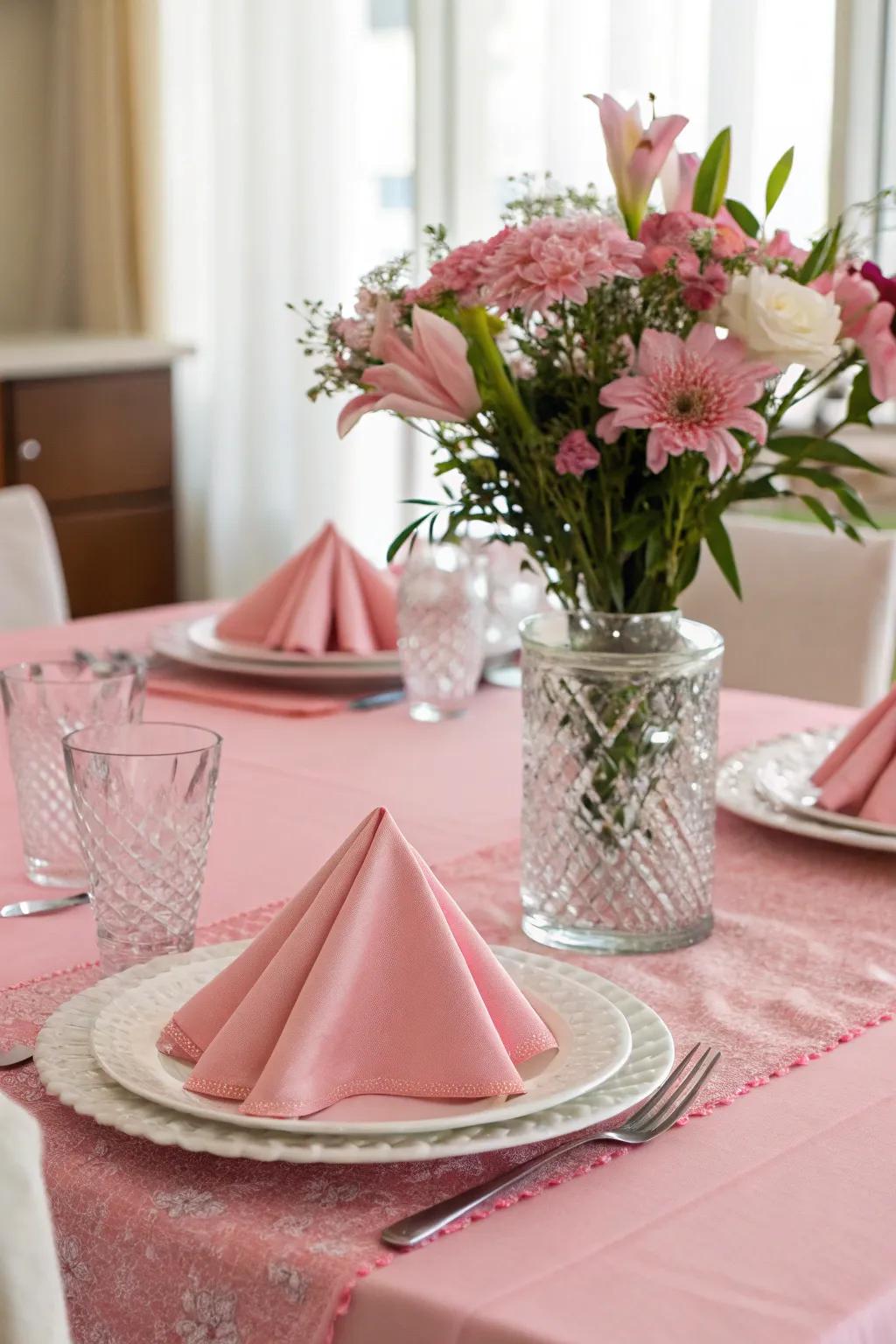 Pink table settings with floral centerpieces create an elegant dining experience.