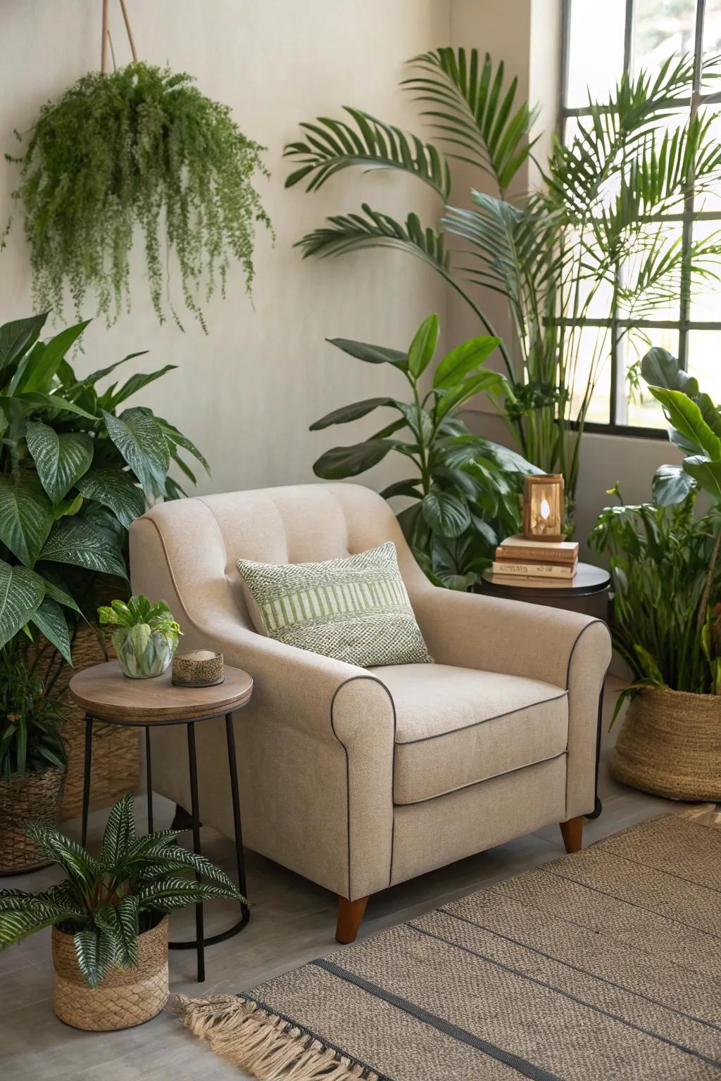 An inviting, plant-filled lounge space for unwinding.